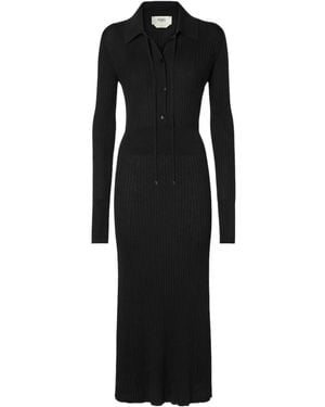Fendi Ribbed-Knit Long Sleeved Drawstring Midi Dress - Black