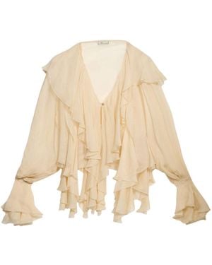 Blumarine Ruffled V-Neck Blouse - Natural