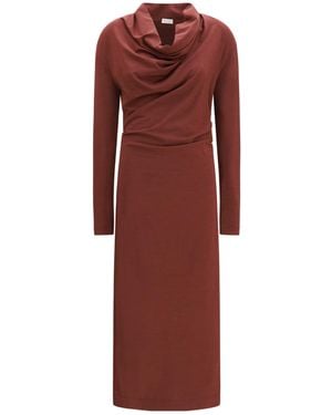 Brunello Cucinelli Techno Wool Jersey Dress With Draping And Monili - Red