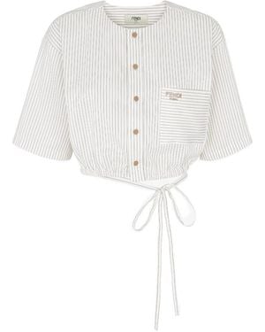 Fendi Drawstring Hem Striped Cropped Shirt - White