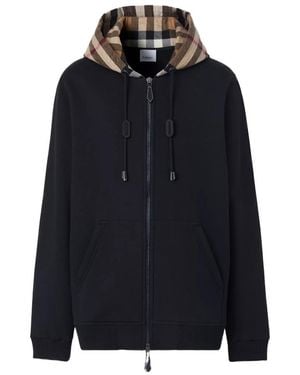 Burberry Check Detailed Zipped Drawstring Hoodie - Blue