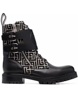 Balmain Bicolour Smooth And Monogram Jacquard Phil Ranger Ankle Boots - Black