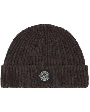 Stone Island Ribbed Knit Beanie With Compass Logo Patch - Black