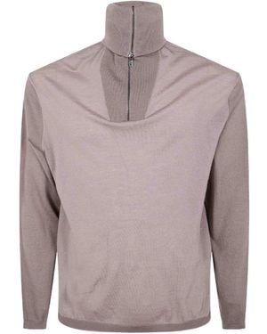 Emporio Armani Two-Tone Plain-Knit Partial-Zip Sweater - Gray