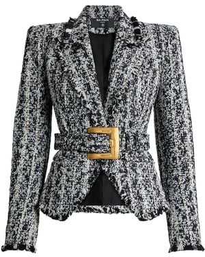 Balmain Two-Tone Tweed Belted Jacket - Black