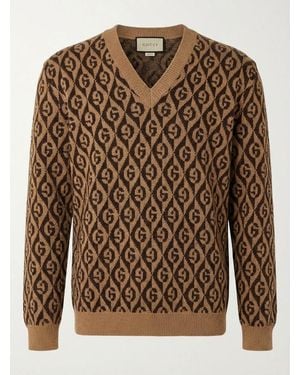 Gucci V-Neck Geometric Pattern Wool Pullover - Brown