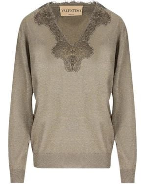Valentino V-Neck Long-Sleeved Knit Top - Grey