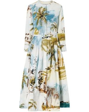 Oscar de la Renta Belted Printed Cotton-Blend Midi Dress - White