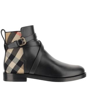 Burberry Check And Leather Boots - Black