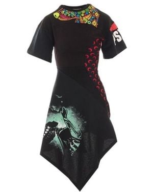 Marine Serre Moon Printed Asymmetrical Short-Sleeved Dress - Black