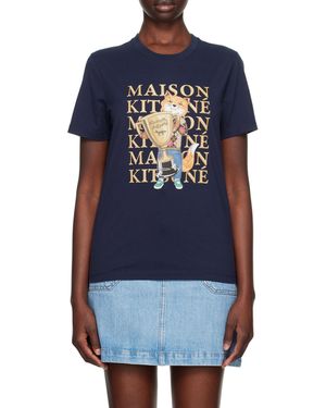 Maison Kitsuné Round-Necked Logo T-Shirt - Blue