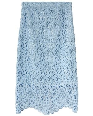 Burberry High Waist Lace Embroidered Midi Skirt - Blue