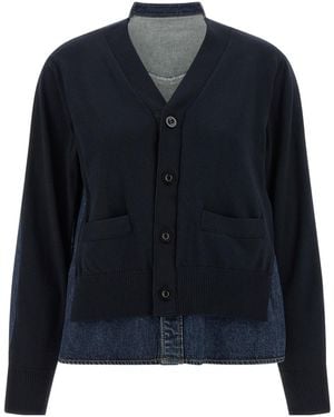 Sacai Denim-Panelled V-Neck Cardigan - Blue