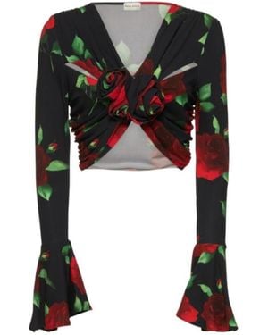 Magda Butrym Printed Jersey Long Sleeve Top W/Flowers - Black