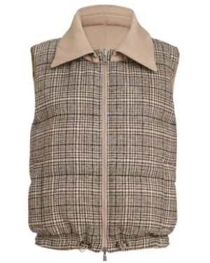 Brunello Cucinelli Twill And Prince-Of-Wales Reversible Down Vest With Detachable-Leather-Collar And Monili - Brown