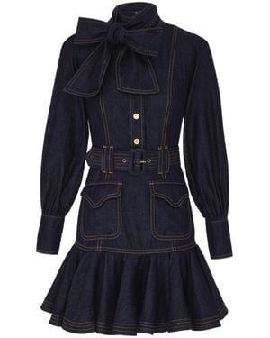 Zimmermann Tied-Neck Ruffled Denim Dress - Blue
