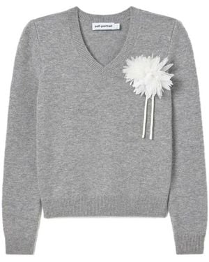 Self-Portrait Floral Appliqué Knitted Jumper - Grey