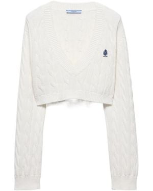 Prada Scollo V Cropped Cable-Knit Sweater - White