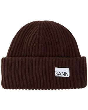 Ganni Logo-Appliquéd Ribbed Wool-Blend Beanie - Brown