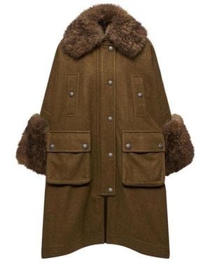 Moncler Mantreau Shearling-Trimmed Loden Cape - Brown