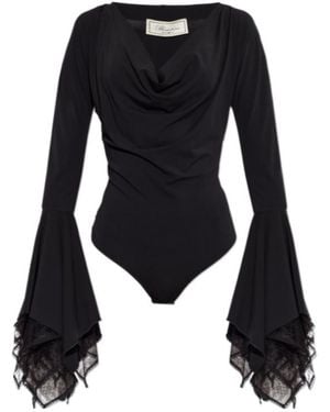 Blumarine Draped Lace-Cuff Bodysuit - Black