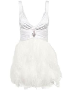 Alessandra Rich Feather-Trimmed Embellished Silk Minidress - White