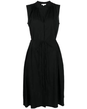 Vince Shirred Band Collar V-Neck Dress - Black