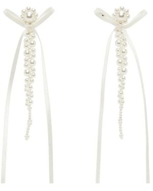 Simone Rocha Slim Bow Ribbon Embellished Earrings - White
