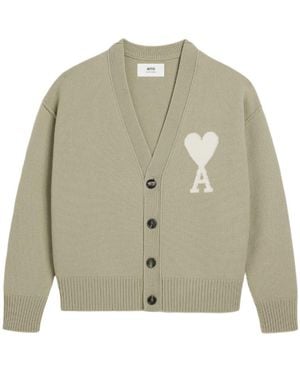 Ami Paris Ami De Coeur Logo Intarsia Knitted Cardigan - Green