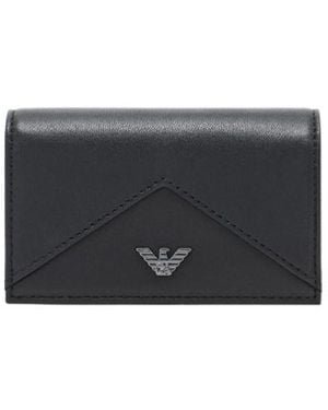 Emporio Armani Nappa Leather Card Holder With Flap With Geometric Detail - Black