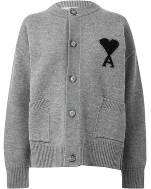 Ami Paris Crewneck Knit Cardigan - Grey
