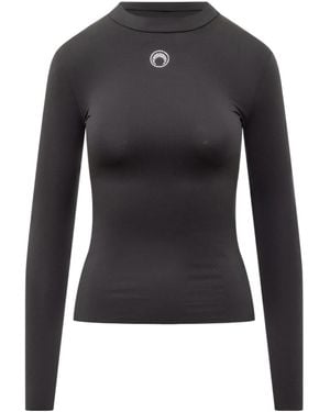 Marine Serre Moon Logo Strass Jersey Ls Highneck Top - Black
