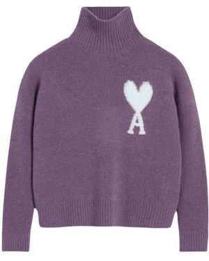 Ami Paris Ami De Coeur Roll-Neck Knitted Jumper - Purple