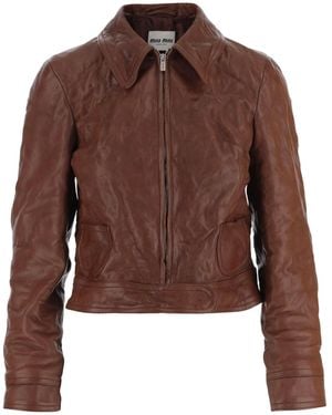 Miu Miu Long-Sleeve Leather Jacket - Brown