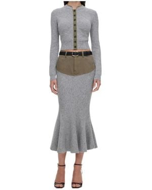 Self-Portrait Knit Khaki Denim Insert Midi Skirt - Gray