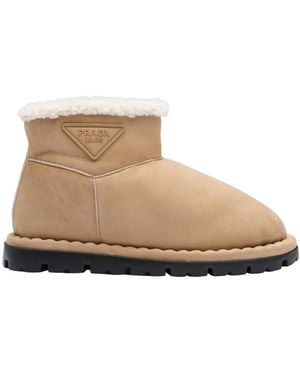 Prada Triangle-Logo Suede Boots - Natural