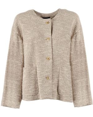 Emporio Armani Boxy Textured Round Neck Blazer - Natural