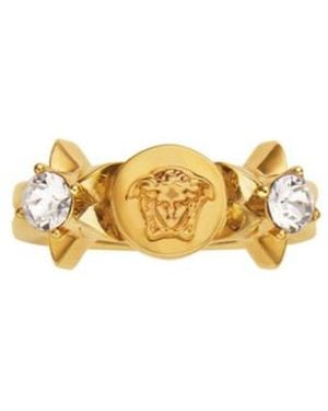 Versace Logo-Engraved Embellished Ring - Metallic
