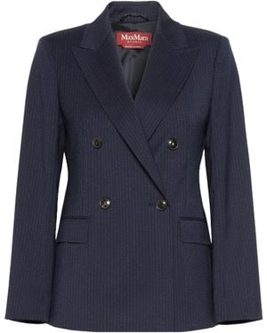 Max Mara Plain-Weave Wool Double-Breasted Jacket - Blue