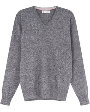 Brunello Cucinelli V-Neck Ribbed Knitted Sweater - Gray
