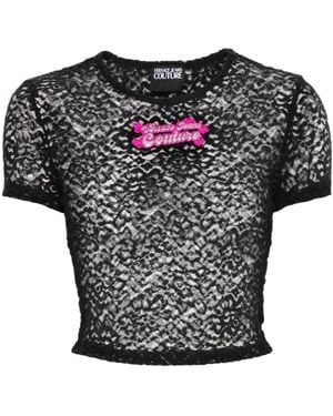 Versace Jeans Couture Appliqué-Logo Floral-Lace T-Shirt - Black