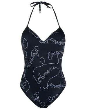 Emporio Armani Logomania-Print Halterneck Swimsuit - Blue