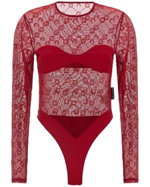 Marine Serre Monogram Mesh Flock Bodysuit Top - Red