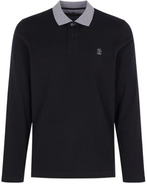 Brunello Cucinelli Logo Embroidered Long-Sleeved Polo Shirt - Blue