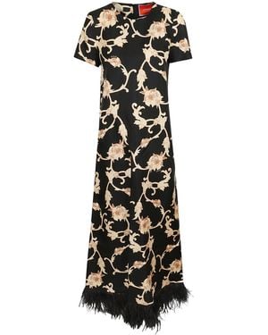 La DoubleJ Floral-Print Feather-Trim Dress - Black