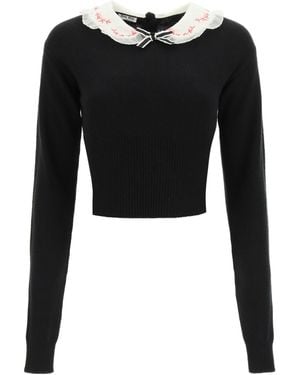 Miu Miu Embroidered Collar Cashmere Sweater - Black