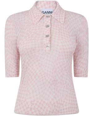 Ganni Gingham Knit Polo Top - Pink