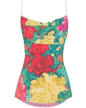 Balmain Printed Crepe De Chine Top With Thin Straps - Green