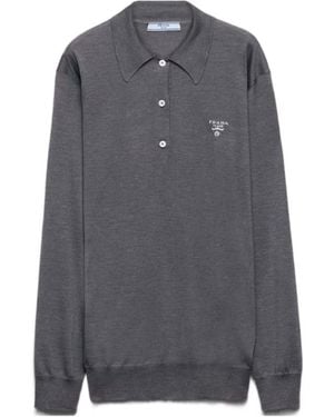 Prada Silk Long-Sleeve Polo Shirt - Grey