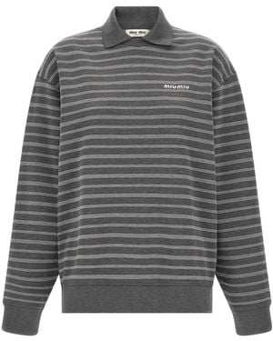 Miu Miu Striped Polo-Collar Sweatshirt - Grey